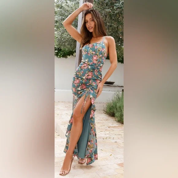 HELLO MOLLY ONE SHOULDER SATIN MAXI DRESS GREEN W PINK FLORAL SIZE XSMALL NWT - Picture 4 of 17